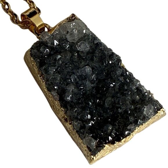 Men’s Black Druzy Quartz Pendant Necklace, Rough Crystal Nugget with Gilded Edge - Picture 1 of 8
